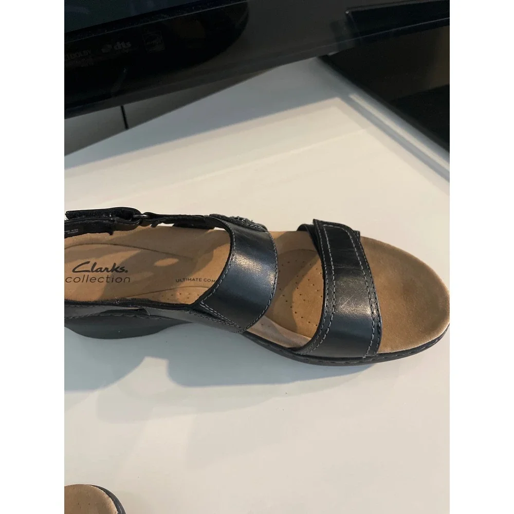 Clarks Collection Black Leather Wedge Sandals Strappy Comfort 7.5 M Arla‎ Glison